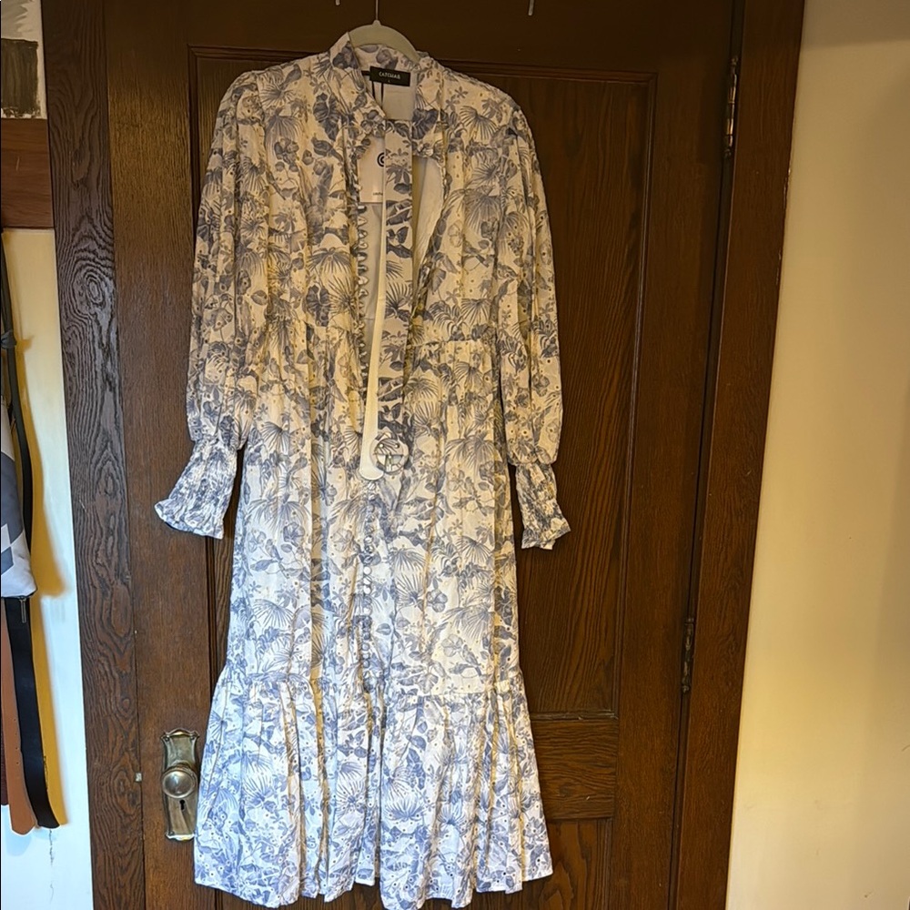 Blue and White Long Sleeve Sundress for Wedding Guest